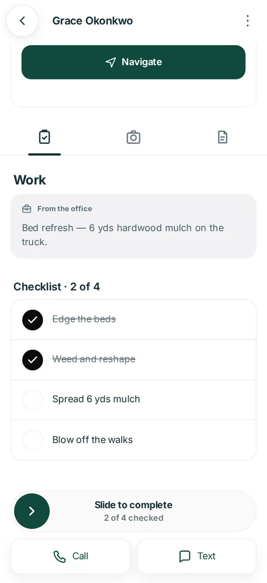 narra Field demo visit showing office instructions and a four-step mulch job checklist, with two tasks complete