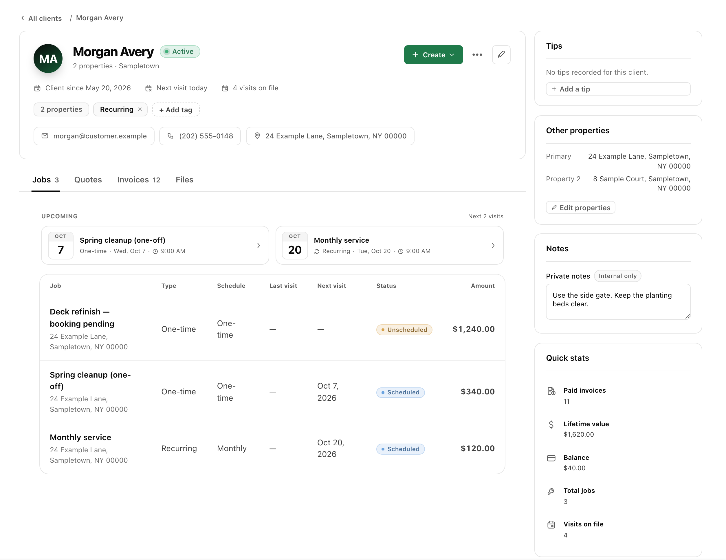 narra customer record with properties and connected quotes, jobs and invoices