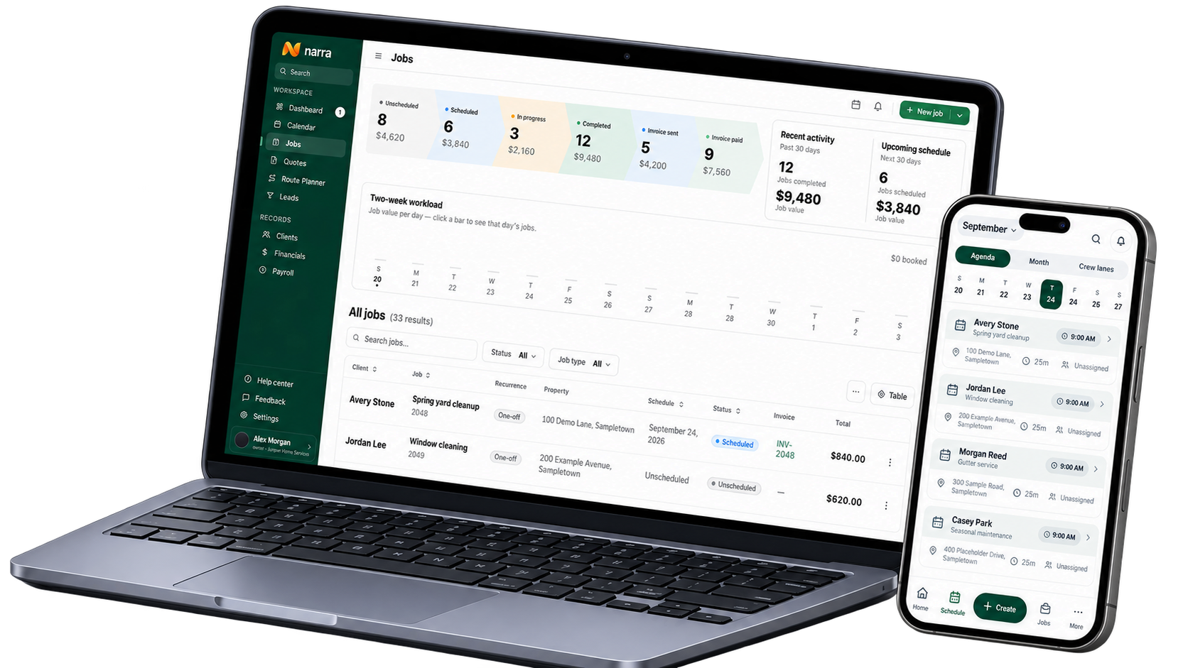 The current narra Jobs screen and Field schedule together, using fictional demo data to show the same work at the desk and in the field.