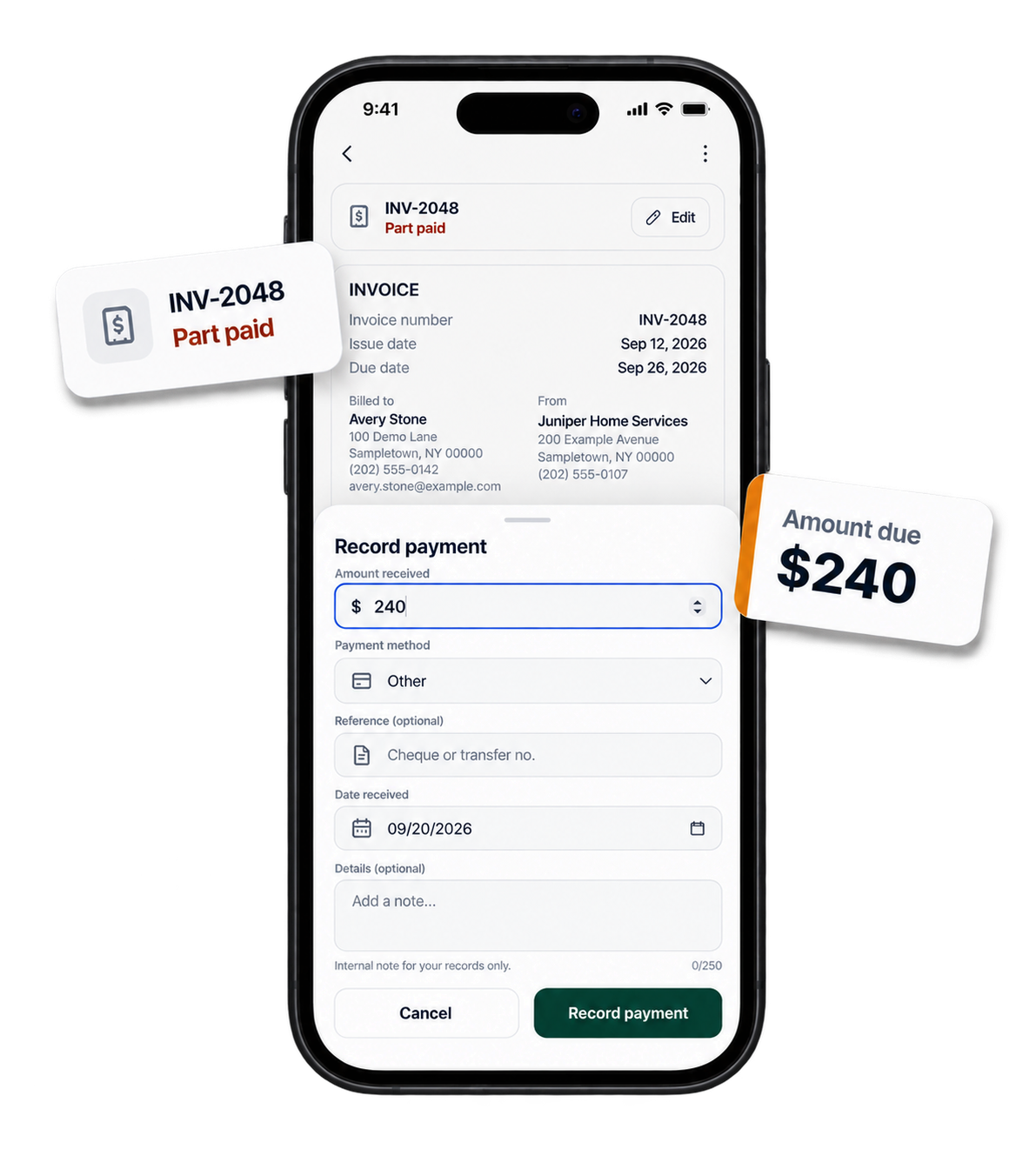 The current narra Field app on a phone, using fictional demo data to show an invoice and the record payment form.