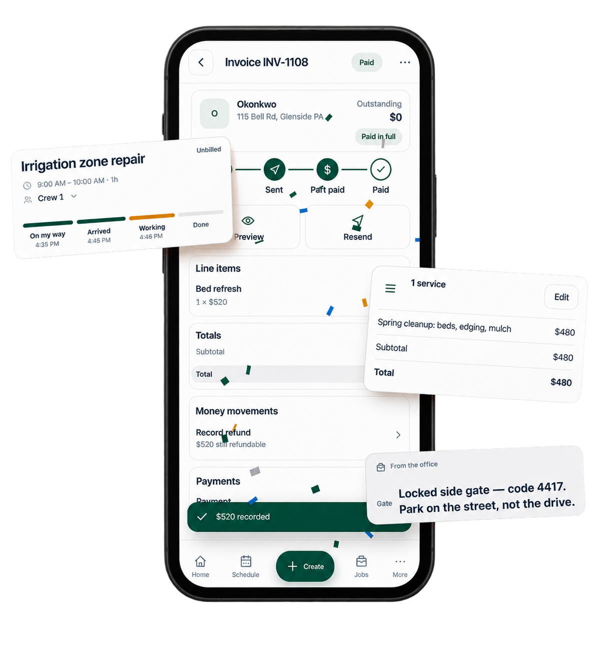 The narra field app on an iPhone: an invoice just marked paid in full, with confetti, and the job progress card, the quote review and the office note floating beside it.