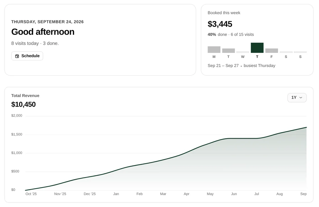 narra's dashboard, in the demo's made-up data: Thursday, September 24, 8 visits today and 3 done; $3,445 booked this week, 40% done; revenue for the year.