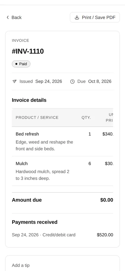 Invoice INV-1110 on Grace's phone, paid: nothing due, and $520.00 received by card.
